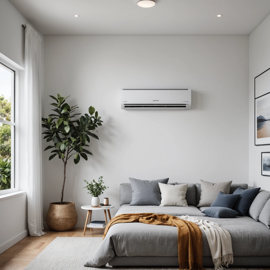 Split system air conditioner mounted above bed in Capalaba home — professional split system installation by Amplus Electrical and Air