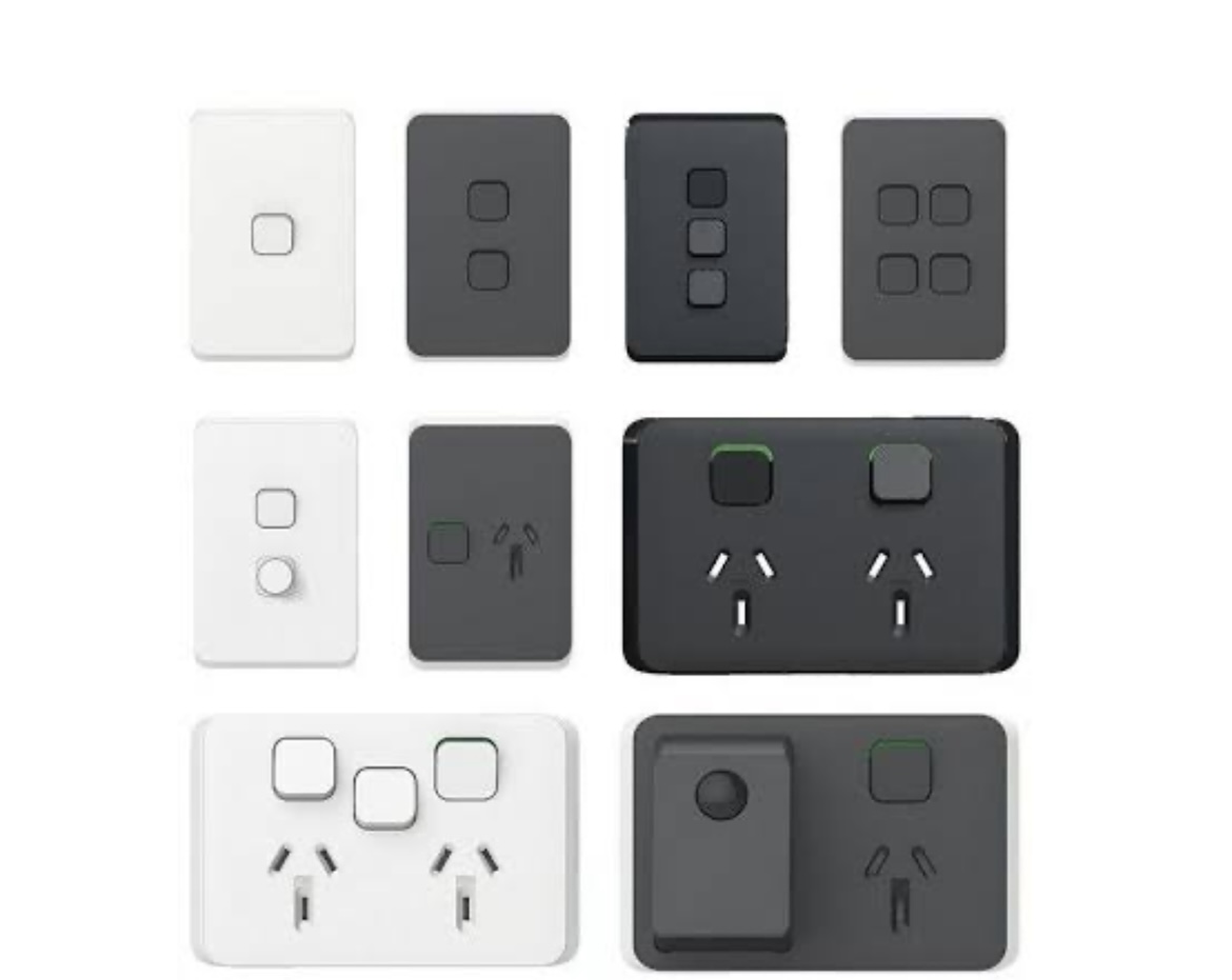 Australian power points and light switches in white and dark grey — power point installation Capalaba by Amplus Electrical and Air