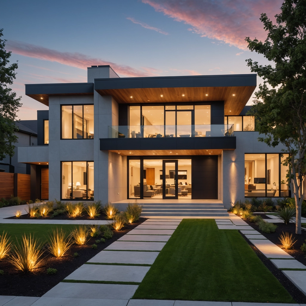 Professional outdoor garden lighting illuminating home exterior and landscaping at dusk - outdoor lighting installation Brisbane Bayside