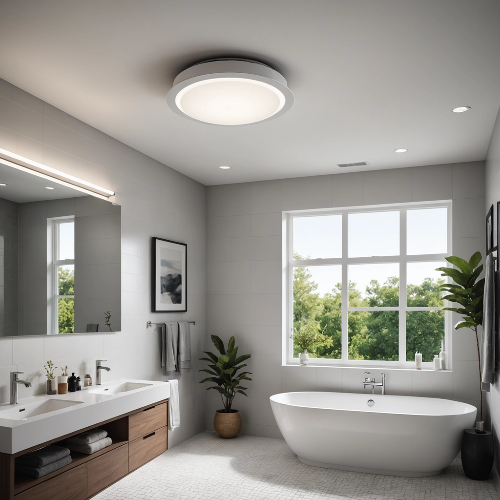 Ceiling-mounted exhaust fan with LED light in modern bathroom — exhaust fan installation Capalaba by Amplus Electrical and Air