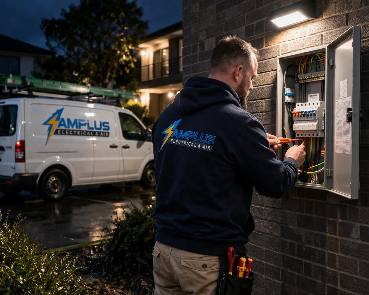 Amplus Electrical and Air emergency electrician working on switchboard at night in Capalaba — branded van and licensed electrician on-site for 24/7 emergency repairs