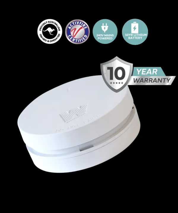 Photoelectric smoke alarm with Australian owned, ActivFire certified, 240V mains powered, 10 year lithium battery, and 10 year warranty badges — installed in Capalaba homes
