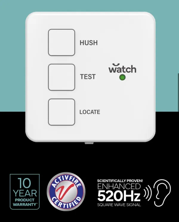 Smoke alarm control panel with Hush Test and Locate buttons — ActivFire certified, 10 year warranty, enhanced 520Hz alarm used for Capalaba smoke alarm installations