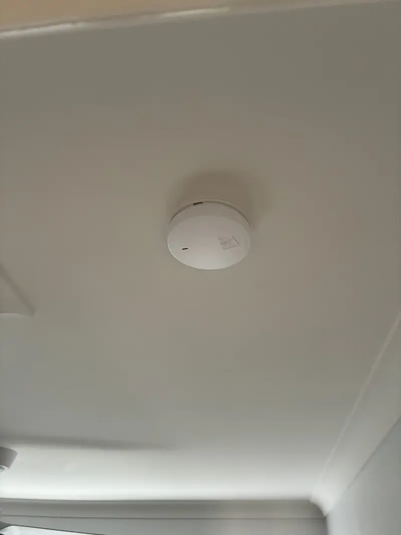 Compact photoelectric smoke alarm on hallway ceiling — smoke alarm upgrade Brisbane home
