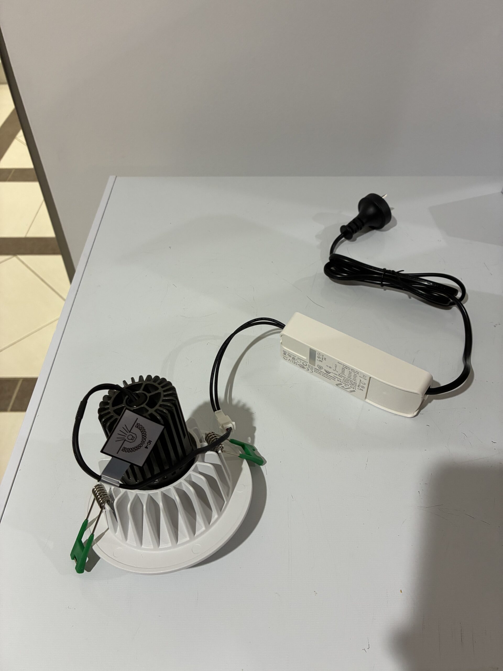 Quality LED downlight unpacked showing heat sink and driver components